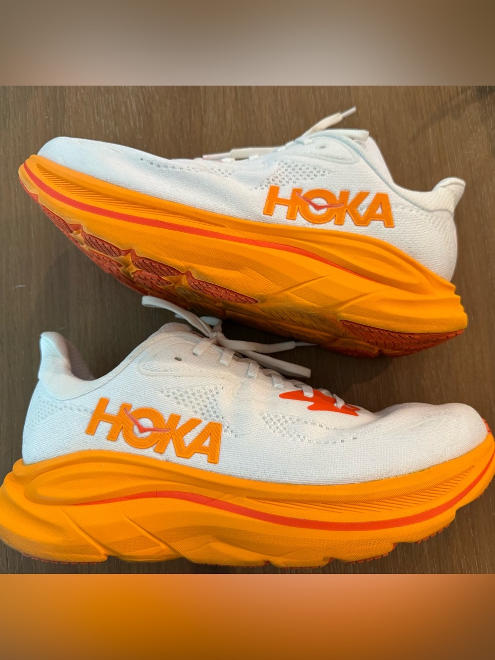 Hoka Clifton 10 white frost/orange zest. Size 9.5 D wide EUC